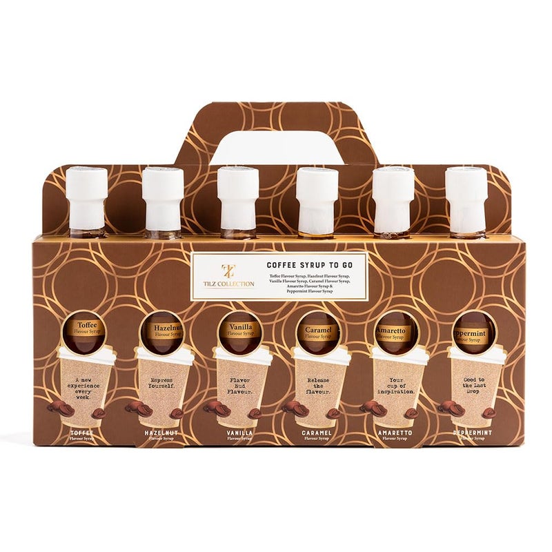 Tilz Premium Coffee Syrup Gift - Set 6 x 75ml Assorted Flavoured Syrup For Coffee Including Vanilla Caramel Toffee Hazelnut Amaretto Peppermint Coffee Lover Gift sets - Image 1